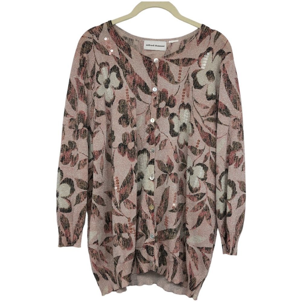 Alfred Dunner Pink sequin Knit Button-Up Cardigan Floral Sparkly pastels size ~M